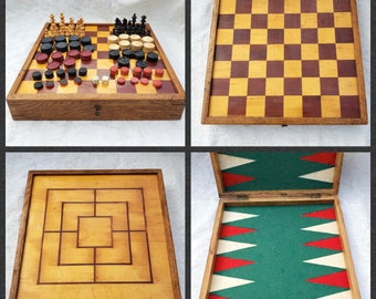 Folding Antique Gameboard, Wood Inlay, Quartersawn Oak, Vintage Chess Pieces, 9 Men Morris, Draughts, Checkers, Backgammon, Game Room Decor