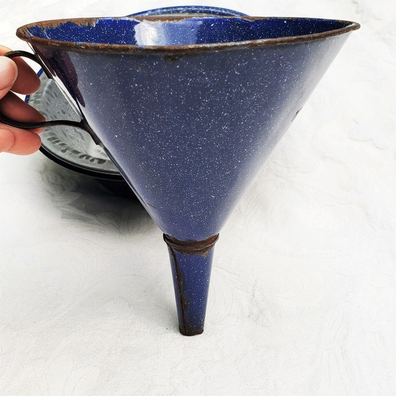 Vintage Blue Enamel Funnel Blue & White Speckled Enamelware Etsy