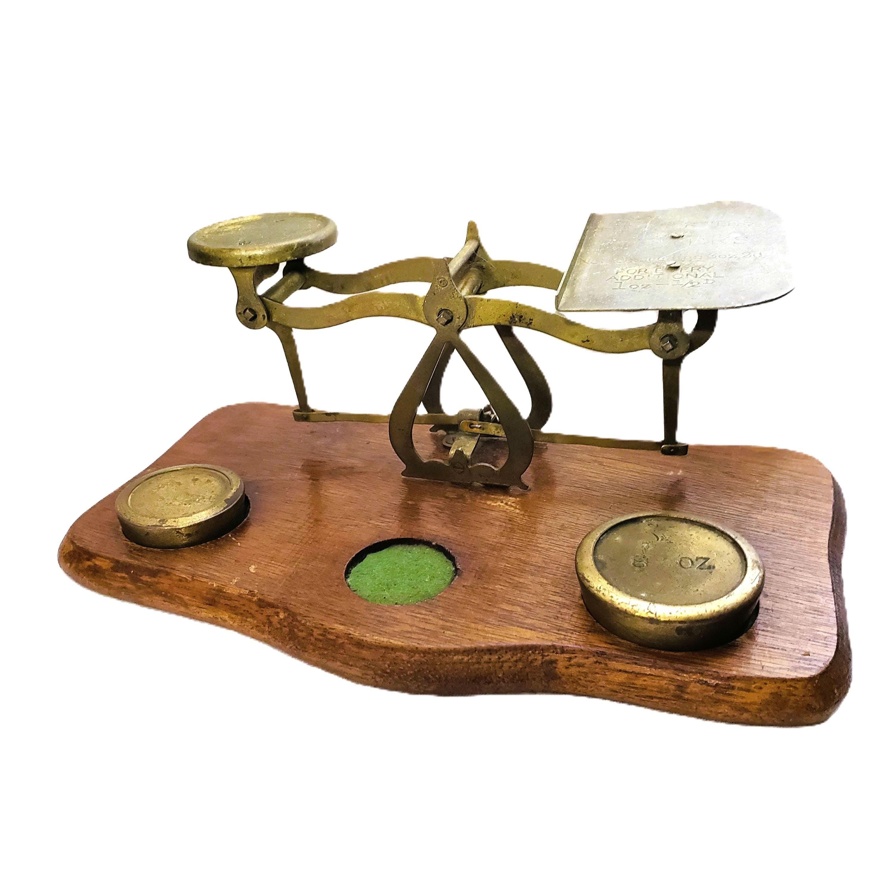 Antique Postal Scale, Brass & Wood, One Weight Missing, Letter