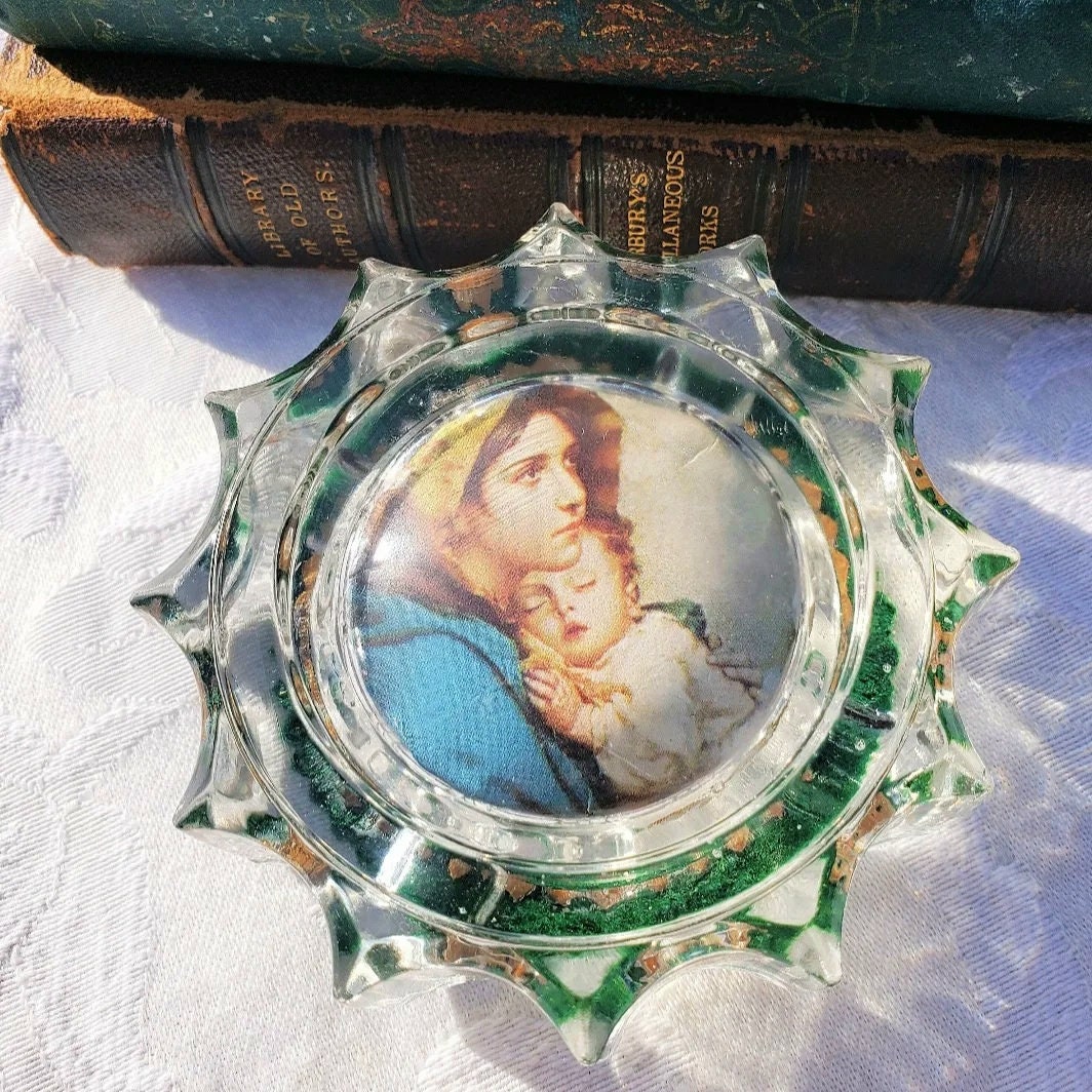 Vintage Paperweight, Thick Glass, Madonna & Child, Mary and