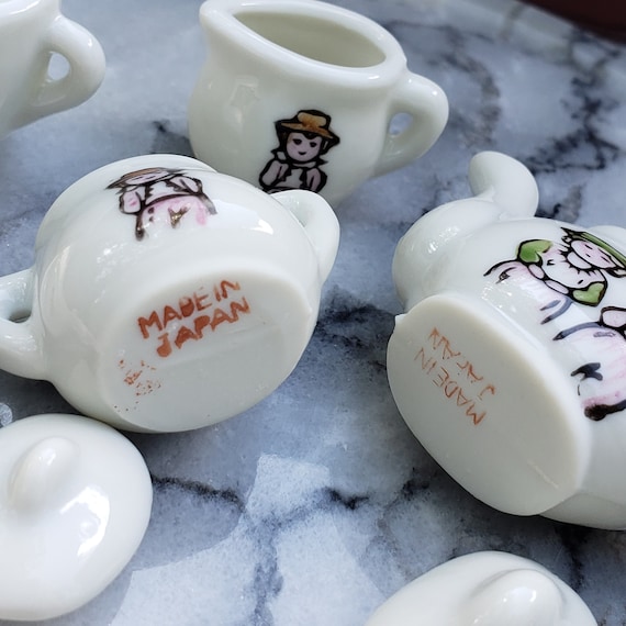 Vintage Miniature Tea Set, Porcelain Teapot, Saucers, Cups, Sugar