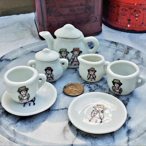 Vintage Miniature Tea Set, Porcelain Teapot, Saucers, Cups, Sugar