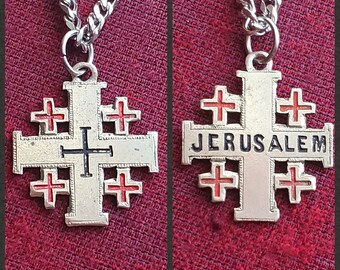 Vintage Jerusalem Cross Necklace, Black & Red Enamel, Crusader Five Fold Crosses, CRUSADE Ancient Style, Protection, Holy Medals