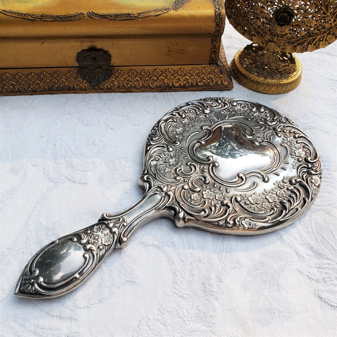 Vintage Mirror Silver Plate Ornate Hand Held Mirror Etsy