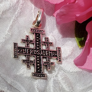 Vintage Jerusalem Cross, Sterling Silver, Black Enamel, Crusader Five Fold Crosses, CRUSADE Ancient Style, Protection, Catholic Holy Medals