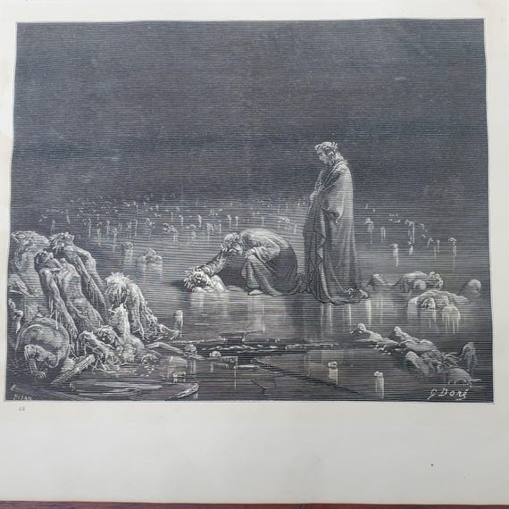 Antique Gustave Dore Art, Lake of Hell, Dante's Inferno 1866 Book