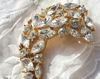 Vintage Trifari Crown Brooch, 1950's Gold Curved, Marquise & Round Rhinestones, Leaf Lapel Pin, Costume Jewelry Pins, Leaves Brooch
