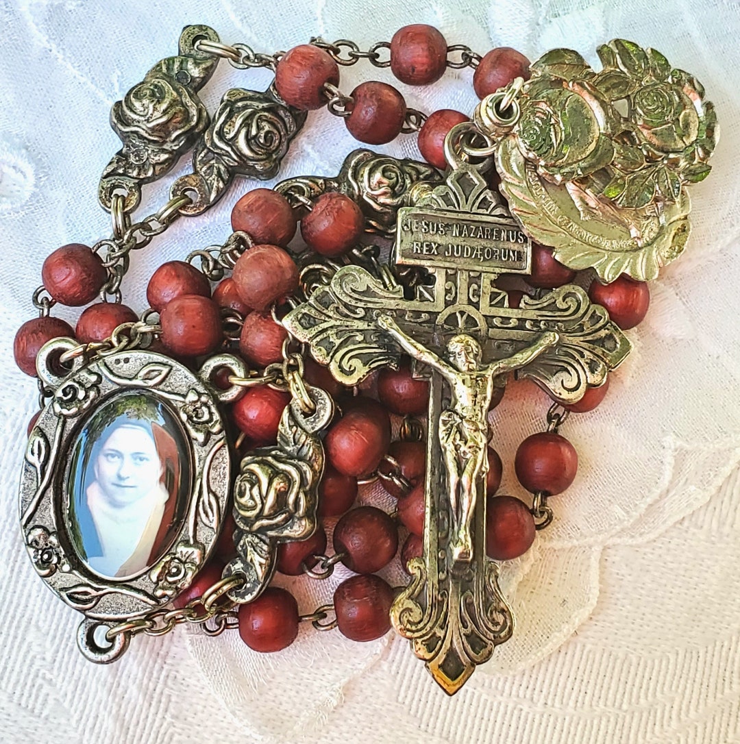 Vintage St Therese Rosary, Round Wood Beads, Pardon Crucifix, Sliding ...