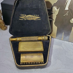 Antique Gillette Razor & Case, Brass, Handle has Crack, Safety Comb Razor and Blade Case, Barber Collector, Grooming Gear, pre World War II