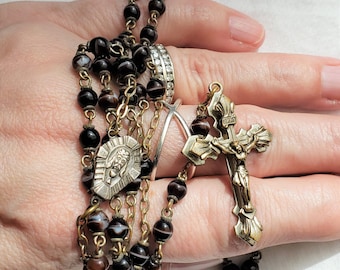 Vintage Rosary, Reddish Brown Glass Beads, Unique Crucifix, JHS / Jesus Medal, Eucharist Cup, Confirmation Rosaries, Catholic Prayer Beads