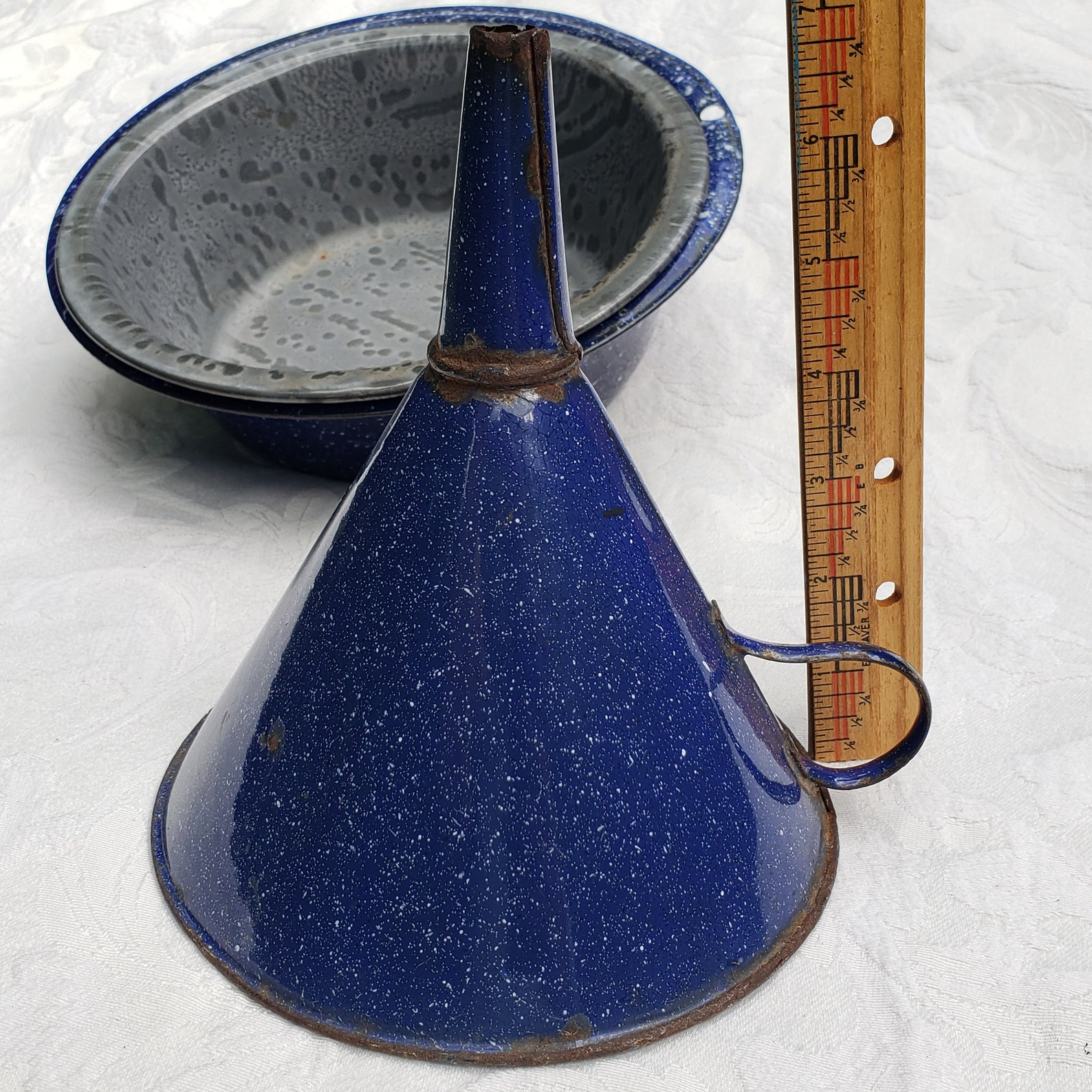 Vintage Blue Enamel Funnel Blue & White Speckled Enamelware Etsy