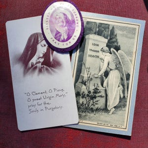 Tarjetas funerarias antiguas, 1938 y 1944. Tarjeta de recuerdo. Efímera de luto, Madre de los Dolores, Oración del Purgatorio, Curiosidades