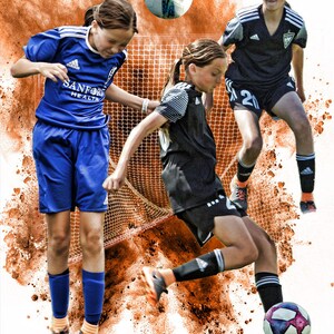 May include: Three young girls playing football on a pitch with a brown and orange background. The girls are wearing football kits and are in mid-air. The word "BROOKLYN" is printed in blue letters at the bottom of the image.