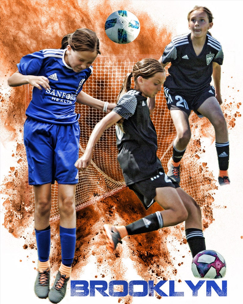 May include: Three young girls playing football on a pitch with a brown and orange background. The girls are wearing football kits and are in mid-air. The word "BROOKLYN" is printed in blue letters at the bottom of the image.
