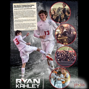 May include: A collage of photos celebrating a soccer player's achievements. The main photo shows the player in a white jersey with the number 13, kicking the ball. Other photos show the player with his team, holding a trophy, and celebrating a goal.