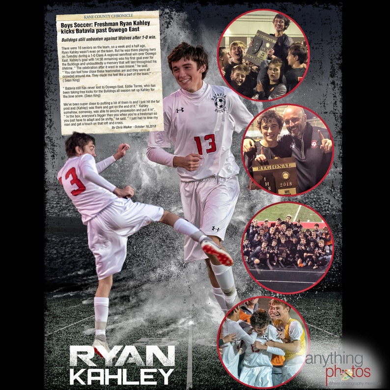 May include: A collage of photos celebrating a soccer player's achievements. The main photo shows the player in a white jersey with the number 13, kicking the ball. Other photos show the player with his team, holding a trophy, and celebrating a goal.