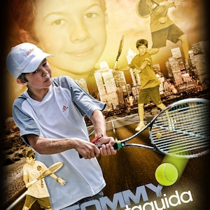 May include: A young boy wearing a white shirt with a red and white logo is playing tennis. He is holding a tennis racket and a yellow tennis ball is in the air. The text "TOMMY VICANEK- SANTAGUIDA" is on the ground in front of him.