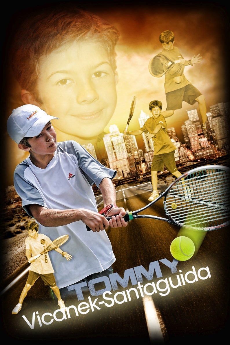 May include: A young boy wearing a white shirt with a red and white logo is playing tennis. He is holding a tennis racket and a yellow tennis ball is in the air. The text "TOMMY VICANEK- SANTAGUIDA" is on the ground in front of him.