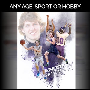 May include: A collage of a young man playing different sports. The collage is in a watercolor style with purple and white accents. The text "ANDREW MICHAEL" is at the bottom of the collage.
