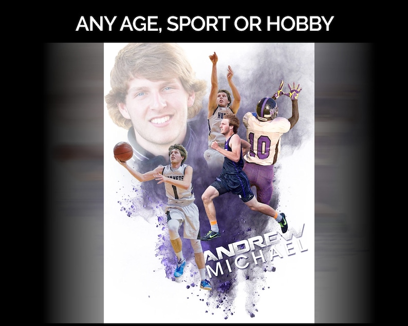 May include: A collage of a young man playing different sports. The collage is in a watercolor style with purple and white accents. The text "ANDREW MICHAEL" is at the bottom of the collage.