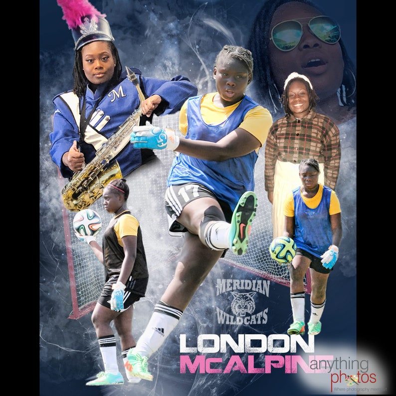 May include: A collage of four young women in different sports uniforms. The woman on the left is wearing a marching band uniform with a gold saxophone. The woman in the centre is wearing a football uniform with the number 17 on her jersey. The woman on the right is wearing a football uniform with a yellow jersey. The woman in the background is wearing a plaid shirt and a white hat. The text "Meridian Wildcats" and "London McAlpin" is visible in the image.