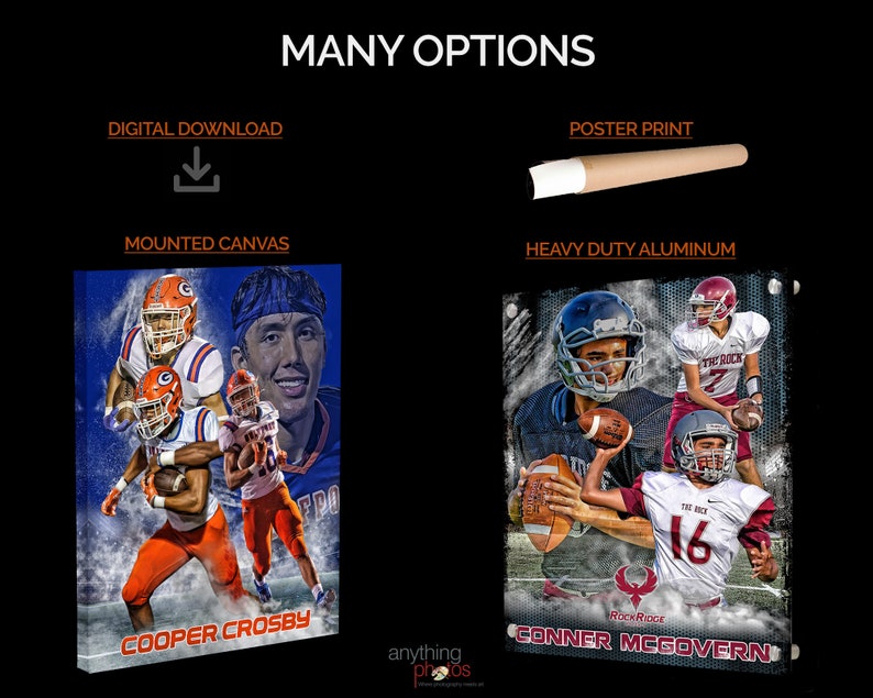 May include: Image showcasing football player portraits, available as digital downloads, mounted canvas, poster prints, and heavy-duty aluminum. The options include portraits of Cooper Crosby and Conner McGovern, with the text "Many Options" at the top.