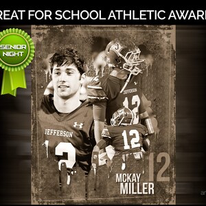 May include: Sepia-toned poster for school athletic awards. Features two football players in uniform with the name "McKay Miller" and the number "12". Includes text "GREAT FOR SCHOOL ATHLETIC AWARDS" and a "SENIOR NIGHT" ribbon.