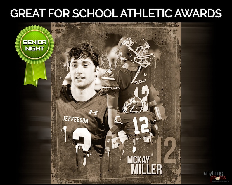 May include: Sepia-toned poster for school athletic awards. Features two football players in uniform with the name "McKay Miller" and the number "12". Includes text "GREAT FOR SCHOOL ATHLETIC AWARDS" and a "SENIOR NIGHT" ribbon.
