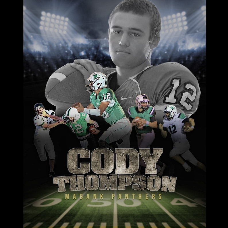 May include: A black and white photograph of a football player with the text "Cody Thompson Mabank Panthers" at the bottom. The player is wearing a jersey with the number 12. There are other football players in the background.