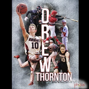 May include: A collage of photos of a young man named Drew Thornton playing basketball and baseball. The photos are arranged in a vertical column with the name "Drew Thornton" in large white letters at the bottom. The photos are set against a grey background.