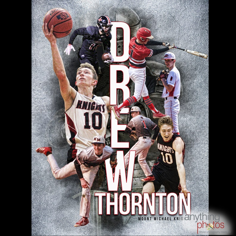 May include: A collage of photos of a young man named Drew Thornton playing basketball and baseball. The photos are arranged in a vertical column with the name "Drew Thornton" in large white letters at the bottom. The photos are set against a grey background.