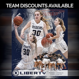 May include: A group of female basketball players wearing white jerseys with the word "RIDERS" and the number "30" on the front. The players are posing for a team photo with a basketball hoop in the background. The team's name, "LIBERTY", is written in large letters at the bottom of the image. The quote "If it doesn't challenge you, it doesn't change you" is also included in the image.