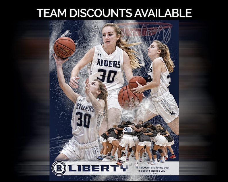 May include: A group of female basketball players wearing white jerseys with the word "RIDERS" and the number "30" on the front. The players are posing for a team photo with a basketball hoop in the background. The team's name, "LIBERTY", is written in large letters at the bottom of the image. The quote "If it doesn't challenge you, it doesn't change you" is also included in the image.