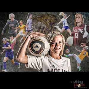 May include: A group of female football players in various kits and poses, including one player holding a football. The image has a grunge background with the text "Moline" and "Anything Photos" visible.