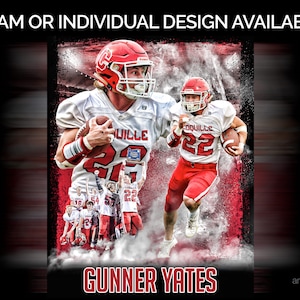 May include: A digital composite featuring two football players in red and white uniforms, with the text "TEAM OR INDIVIDUAL DESIGN AVAILABLE" at the top. The name "GUNNER YATES" is displayed at the bottom.