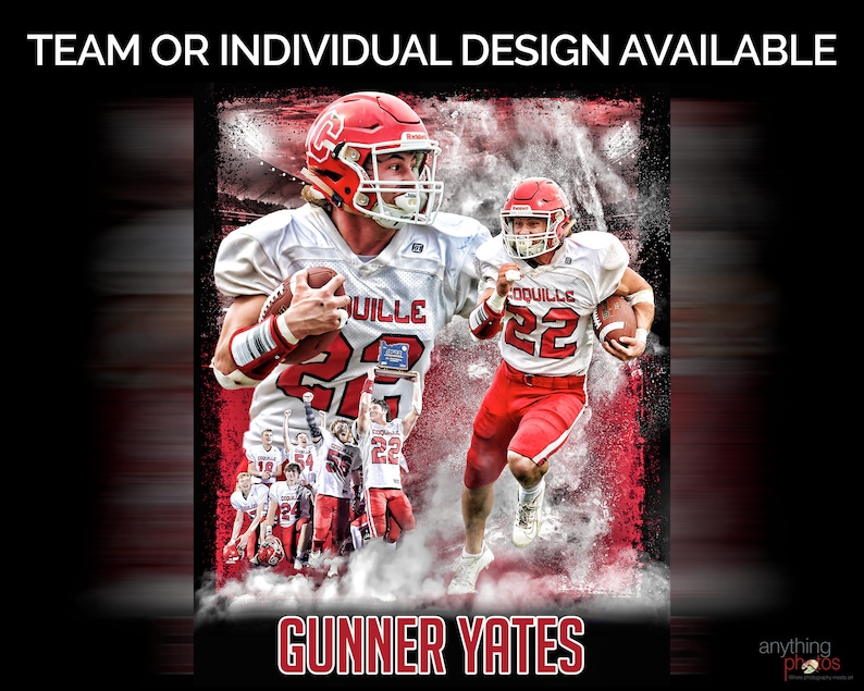 May include: A digital composite featuring two football players in red and white uniforms, with the text "TEAM OR INDIVIDUAL DESIGN AVAILABLE" at the top. The name "GUNNER YATES" is displayed at the bottom.
