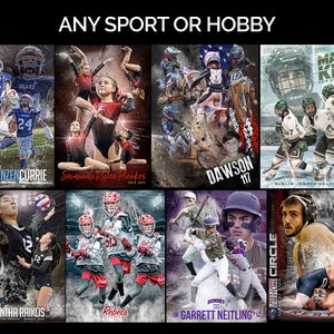 May include: Collage of action sports photos featuring athletes in various sports, including football, gymnastics, motocross, hockey, volleyball, lacrosse, baseball, and wrestling. The photos are set against a background of water and snow.