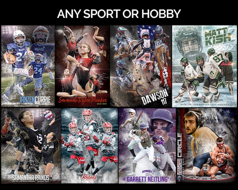 May include: Collage of action sports photos featuring athletes in various sports, including football, gymnastics, motocross, hockey, volleyball, lacrosse, baseball, and wrestling. The photos are set against a background of water and snow.