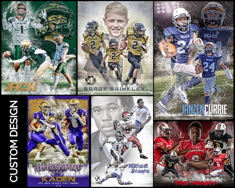 May include: A collage of football player portraits, featuring action shots and individual player images. The designs incorporate team colors and player names, with text that reads "CUSTOM DESIGN" and team names.