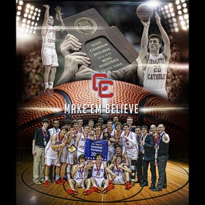 May include: A basketball team poses for a photograph with a trophy and banner. The team is wearing red and white uniforms with the words "Charlotte Catholic" on the front. The banner reads "4A Men's Basketball Champions 2016". The trophy is a large, gold-coloured trophy with the words "State Champion 2015-2016" on it. The team is standing on a basketball court with a large basketball in the background.
