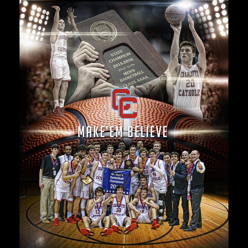 May include: A basketball team poses for a photograph with a trophy and banner. The team is wearing red and white uniforms with the words "Charlotte Catholic" on the front. The banner reads "4A Men's Basketball Champions 2016". The trophy is a large, gold-coloured trophy with the words "State Champion 2015-2016" on it. The team is standing on a basketball court with a large basketball in the background.