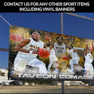 May include: A basketball banner featuring a basketball player in a white jersey with the name "Taveon Comage" and the number "20" on it. The player is wearing black shorts and black shoes. The banner is yellow and black with a basketball hoop and net in the background.