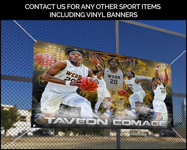 May include: A basketball banner featuring a basketball player in a white jersey with the name "Taveon Comage" and the number "20" on it. The player is wearing black shorts and black shoes. The banner is yellow and black with a basketball hoop and net in the background.