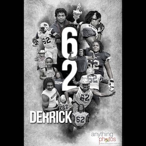 May include: A black and white photo collage of a young man at different stages of his life. The collage is arranged in a circular pattern around the numbers "62" and the name "DERRICK". The photo collage is set against a grey background with the text "anything photos" at the bottom.