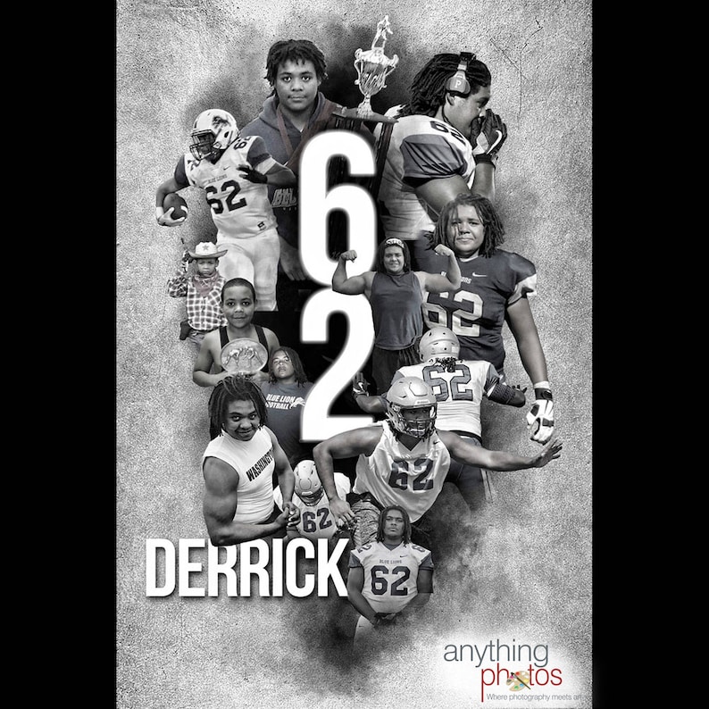 May include: A black and white photo collage of a young man at different stages of his life. The collage is arranged in a circular pattern around the numbers "62" and the name "DERRICK". The photo collage is set against a grey background with the text "anything photos" at the bottom.