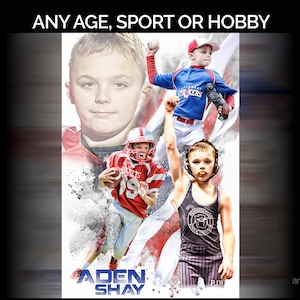 May include: Composite image featuring children in various sports: football, baseball, and wrestling. The image includes the text "ANY AGE, SPORT OR HOBBY" at the top and the name "ADEN SHAY" at the bottom. The background has a patriotic theme.