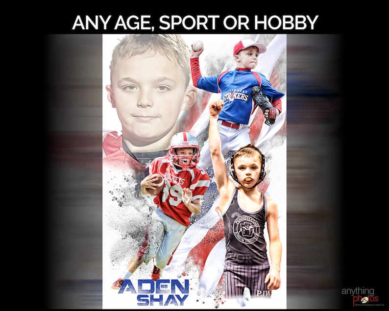 May include: Composite image featuring children in various sports: football, baseball, and wrestling. The image includes the text "ANY AGE, SPORT OR HOBBY" at the top and the name "ADEN SHAY" at the bottom. The background has a patriotic theme.