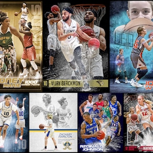 May include: Collage of nine basketball player portraits. Each portrait features a player in action, with their name and jersey number. The portraits are set against a variety of backgrounds, including a basketball court, a city skyline, and a forest.