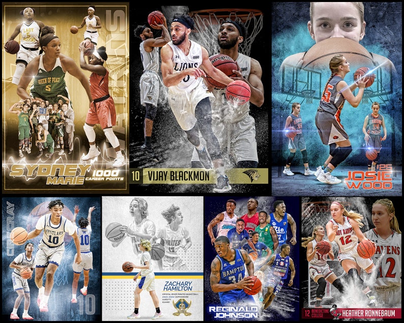 May include: Collage of nine basketball player portraits. Each portrait features a player in action, with their name and jersey number. The portraits are set against a variety of backgrounds, including a basketball court, a city skyline, and a forest.