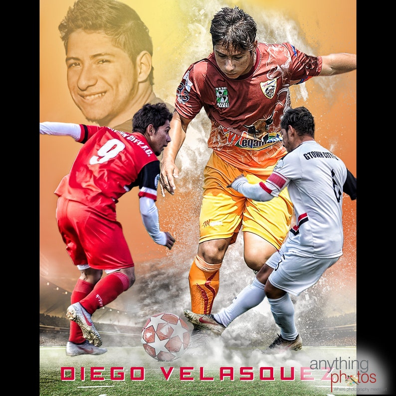 May include: Three football players in action on a pitch. The player in the centre is wearing a red and yellow jersey with the text "Vegan" on it. The player on the left is wearing a red jersey with the number "9" on it. The player on the right is wearing a white jersey with the text "Gtown City FC" on it. The text "DIEGO VELASQUEZ" is at the bottom of the image.